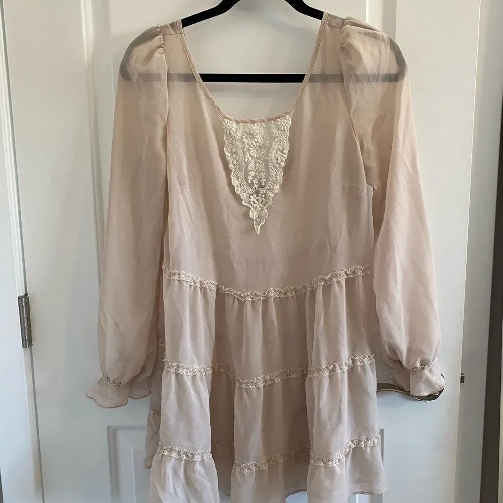 Vintage Sheer Long Sleeve Romantic Babydoll Dress with Slip